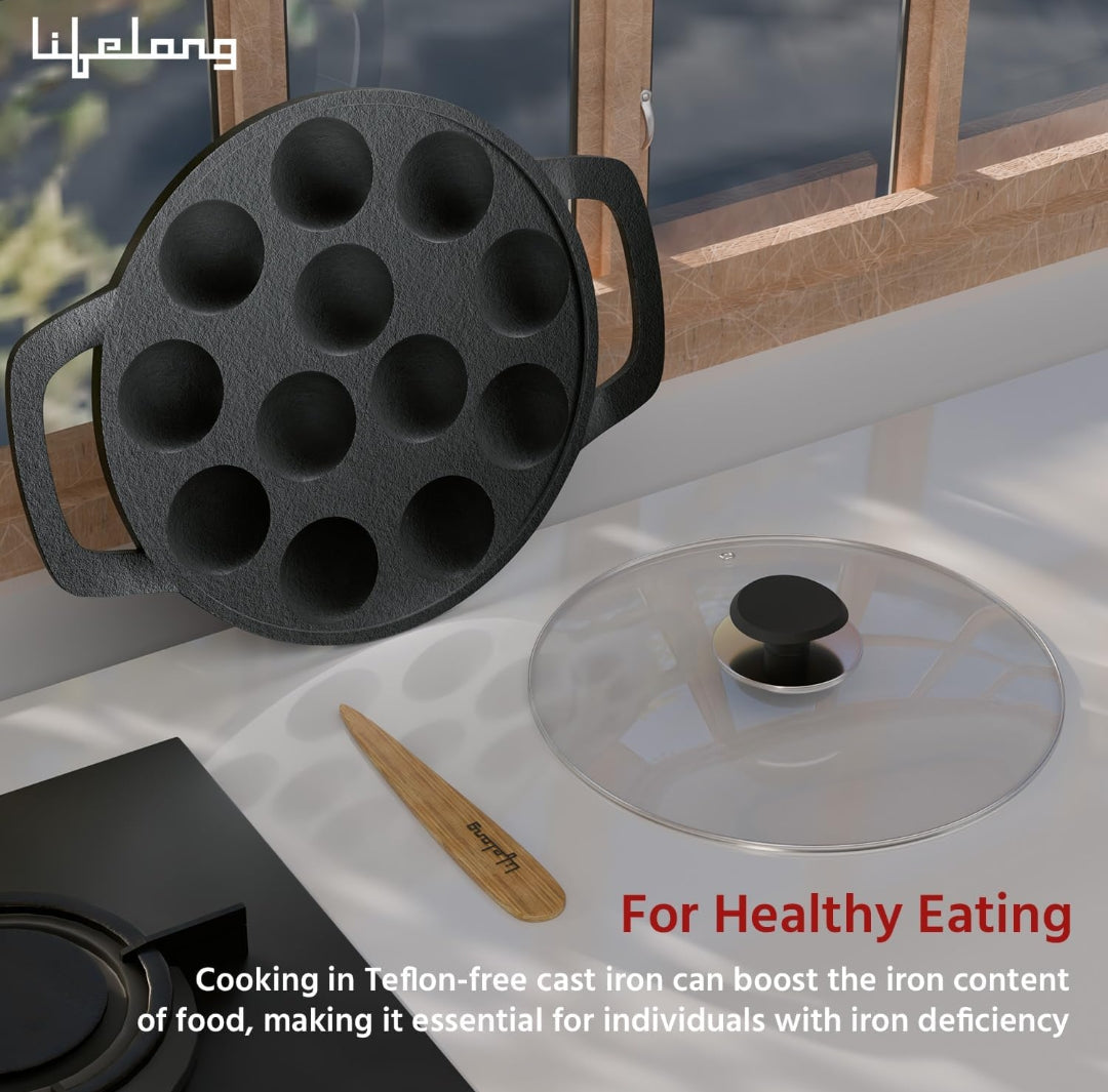 Lifelong Cast Iron Paniyaram Pan with Glass Lid |12 Pits