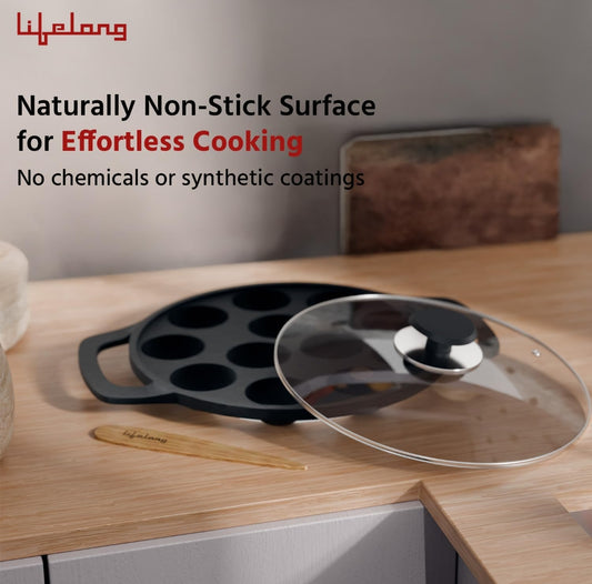 Lifelong Cast Iron Paniyaram Pan with Glass Lid |12 Pits