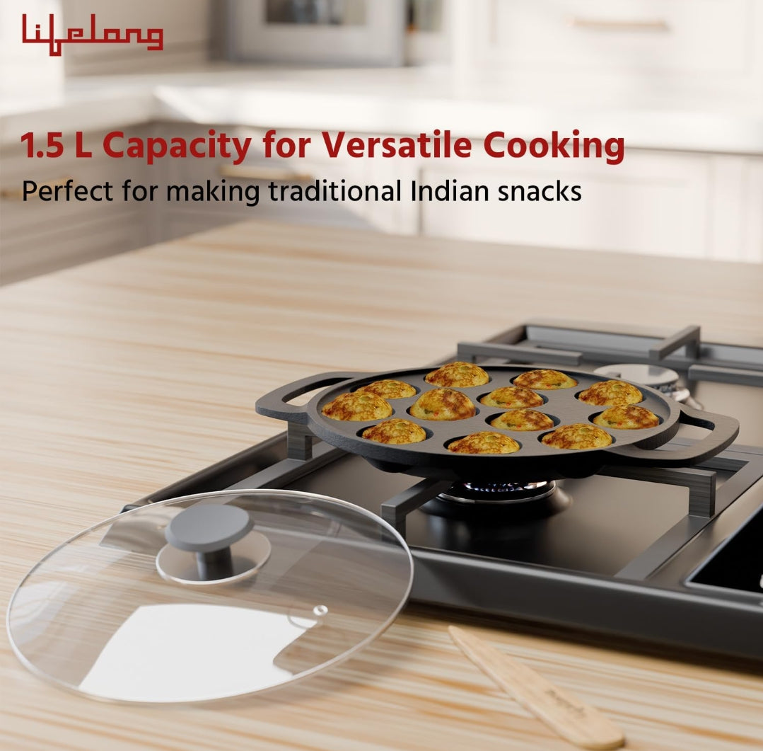 Lifelong Cast Iron Paniyaram Pan with Glass Lid |12 Pits